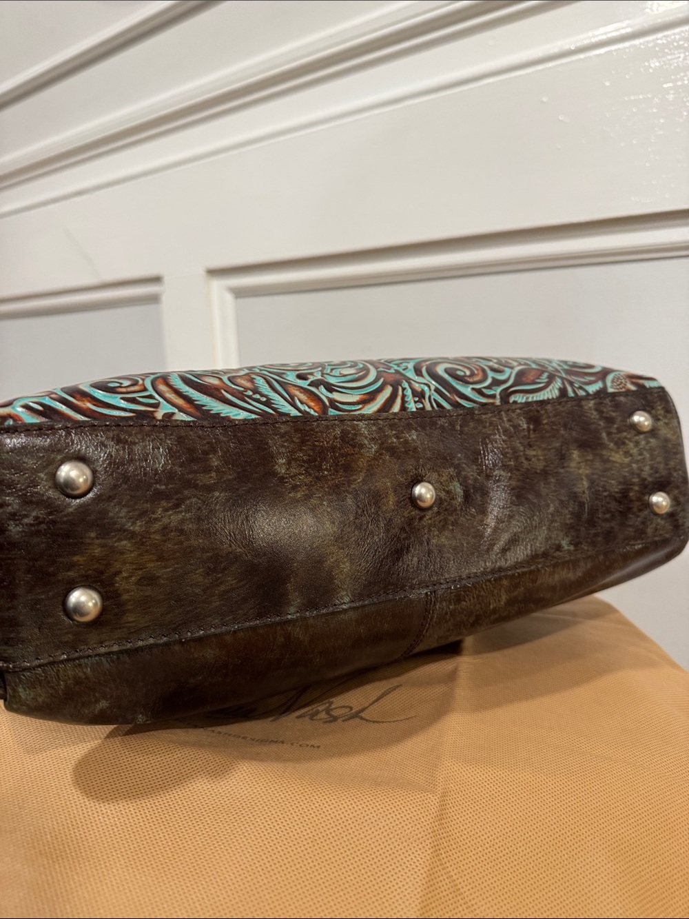 Patricia Nash Bag Tooled Turquoise Brown Leather Floral Embossed Tote NWT - Picture 11 of 17